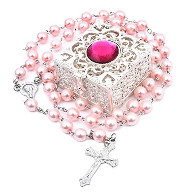 Rosary Beads Catholic Necklace Mary for Men Women Kids First Communion Long Rosary Cross Pendant Necklaces Metal Gift Box New