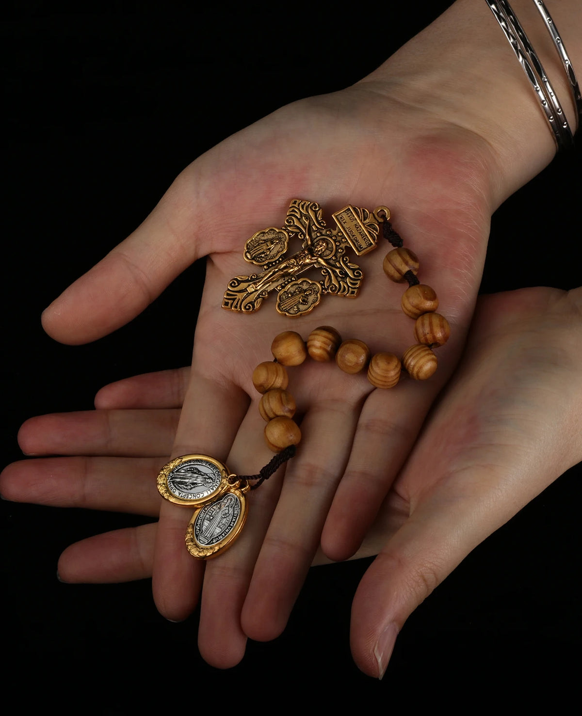 Catholic St Benedict Medal Pocket Rosary Lady Milagrosa Crucifix Cross Wooden Beads One Decade Prayer Rosaries Handmade Gift