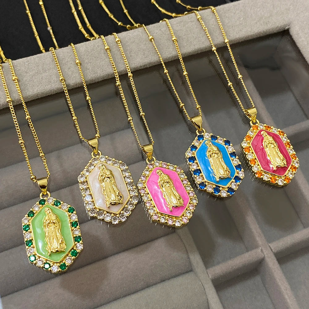 Religious Virgin Mary Medal Necklace for Women Men Rainbow Enamel Rhinestone Pendant Necklaces Catholic Christian Collar Jewelry