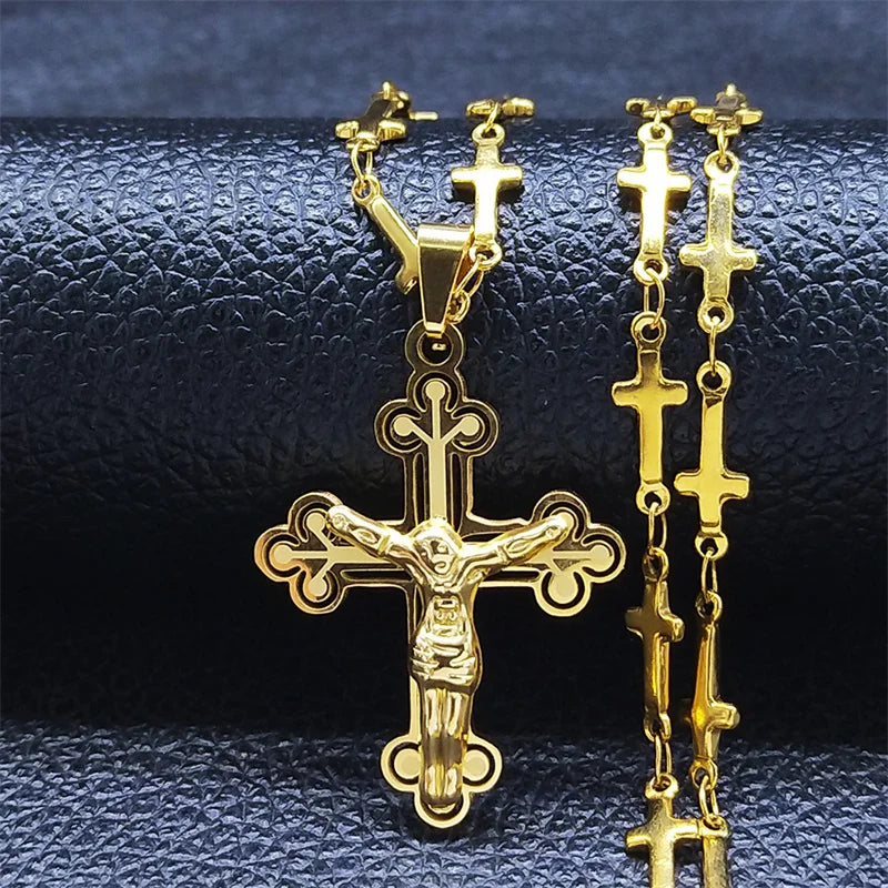 Christian Cross Jesus Stainless Steel Necklace for Women/Men Gold Color Crucifi