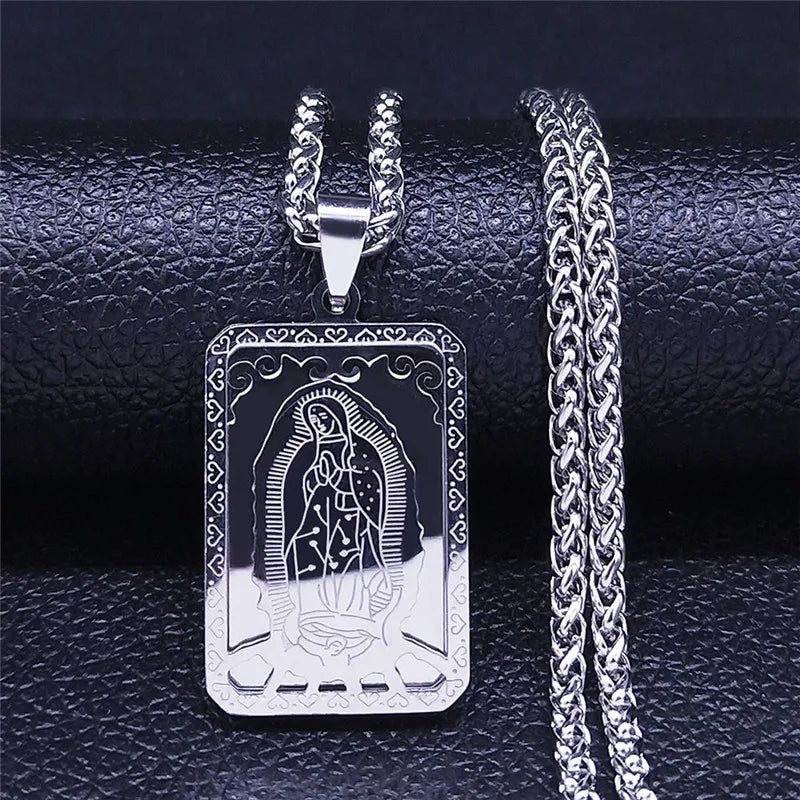Catholic Virgin Mary Medal Our Lady of Guadalupe Pendant Necklace for Women Men Gold Color Stainless Steel Male Chain Jewelry