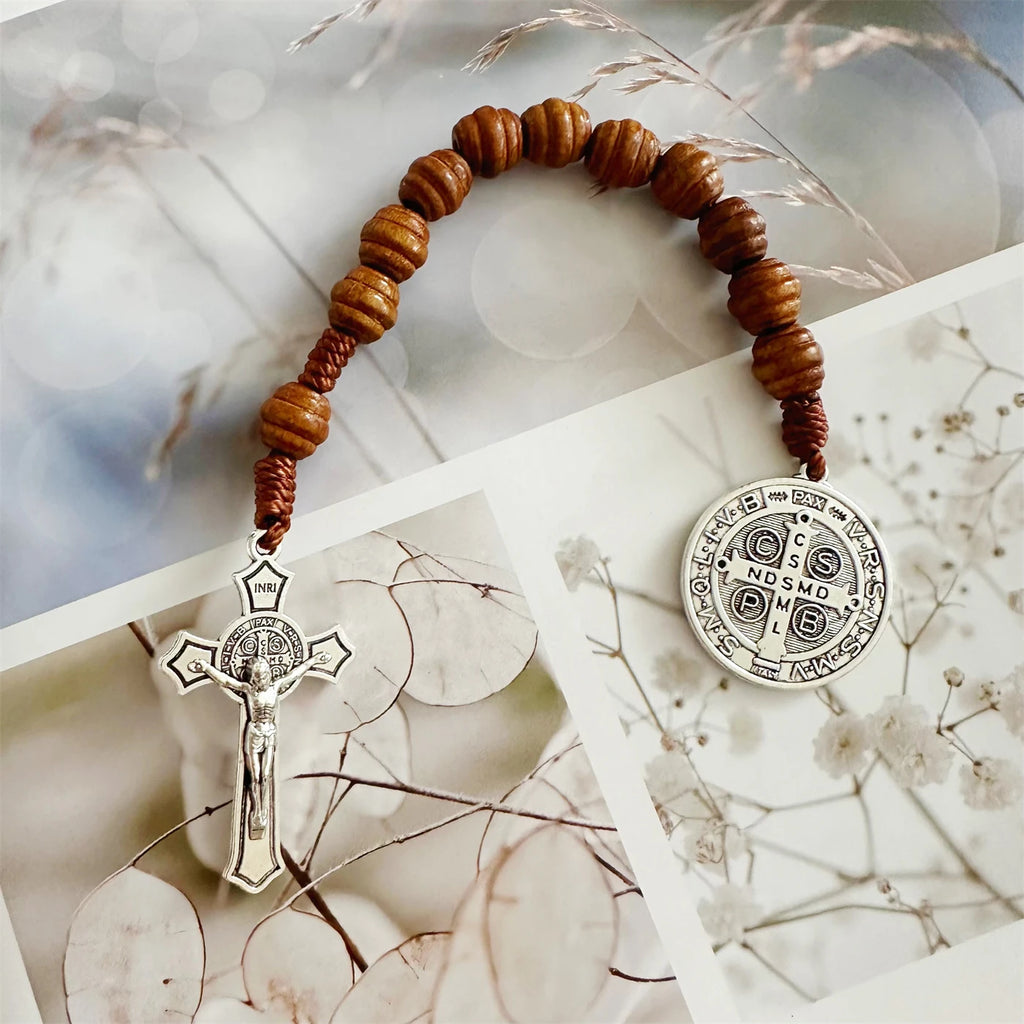 Saint Benedict Medal Prayer Pocket Rosary Catholic Brown Wood Beads with Saint Benedict Medal and Crucifix, 9 Inch