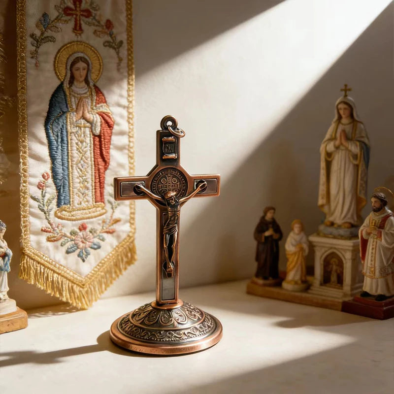 New Traditional Catholic Standing Cross St. Benedict Medal Inlay with Crucifix Premium Devotional Altar Decor for Church & Home