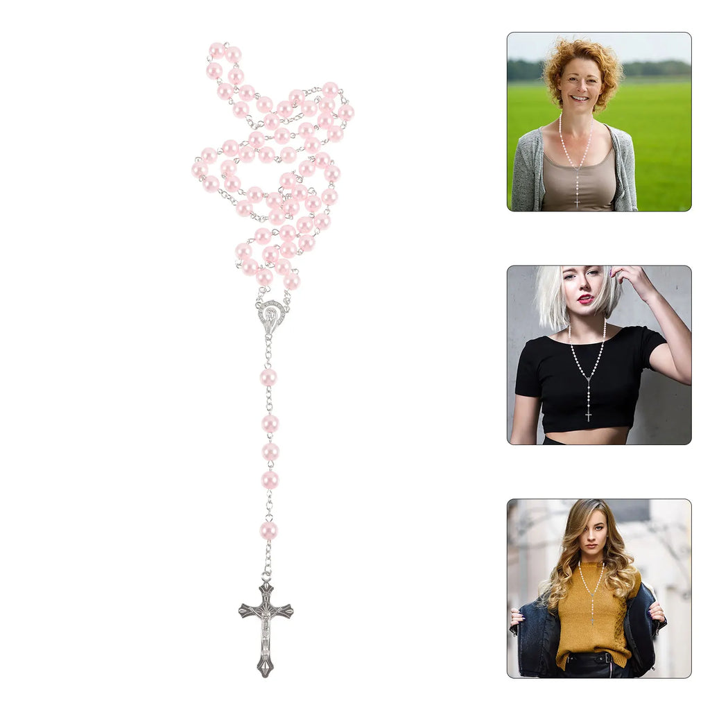 Love Rosary Catholic (Pink) 1pc Bead Necklaces Women Beaded Big Religious Cross Pendant