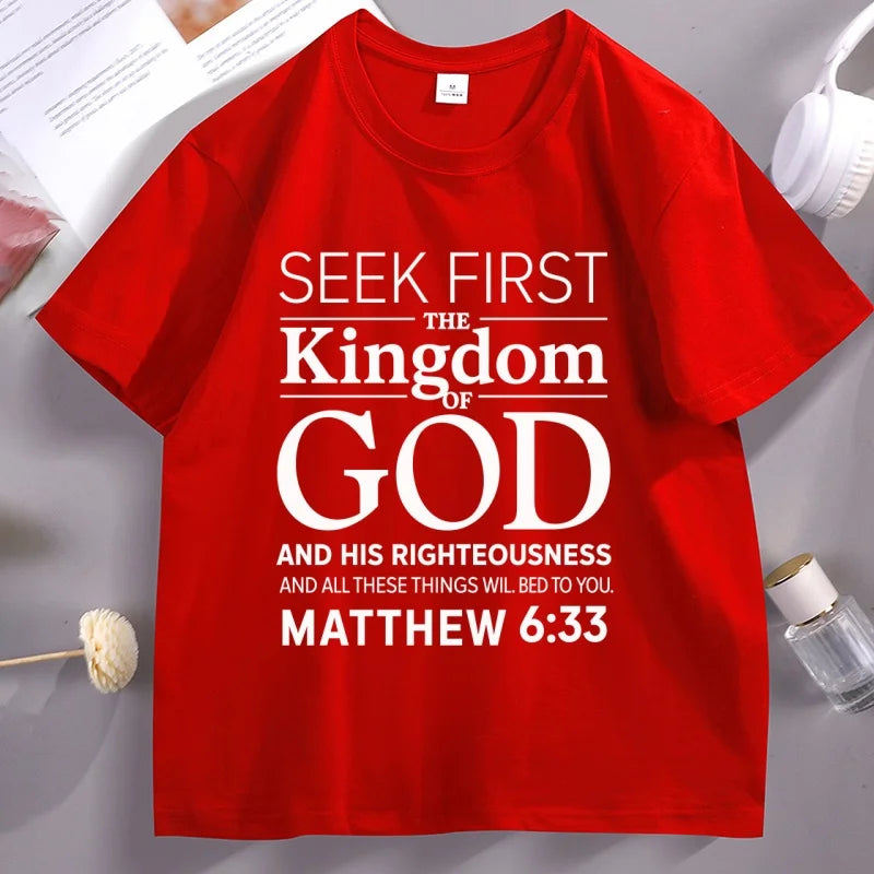 Christian Men T Shirt Bible Verse T-Shirt Christian Merch Cross Jesus Seek First The Kingdom Tshirt Casual Round Neck Clothes