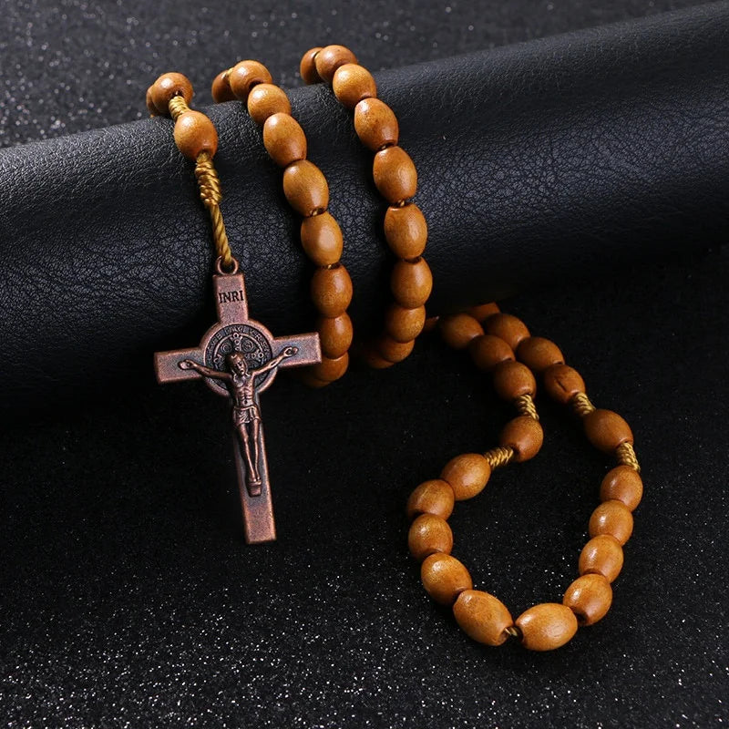 Handmade Weave Saint Benedict Medal Antique Wooden Rosary Cross Car Ornament Vintage Catholic Religious Jesus Auto Decor