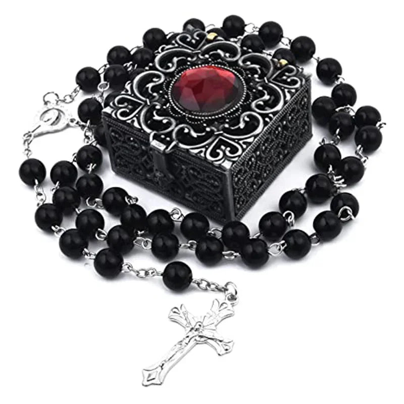 Rosary Beads Catholic Necklace Mary for Men Women Kids First Communion Long Rosary Cross Pendant Necklaces Metal Gift Box New