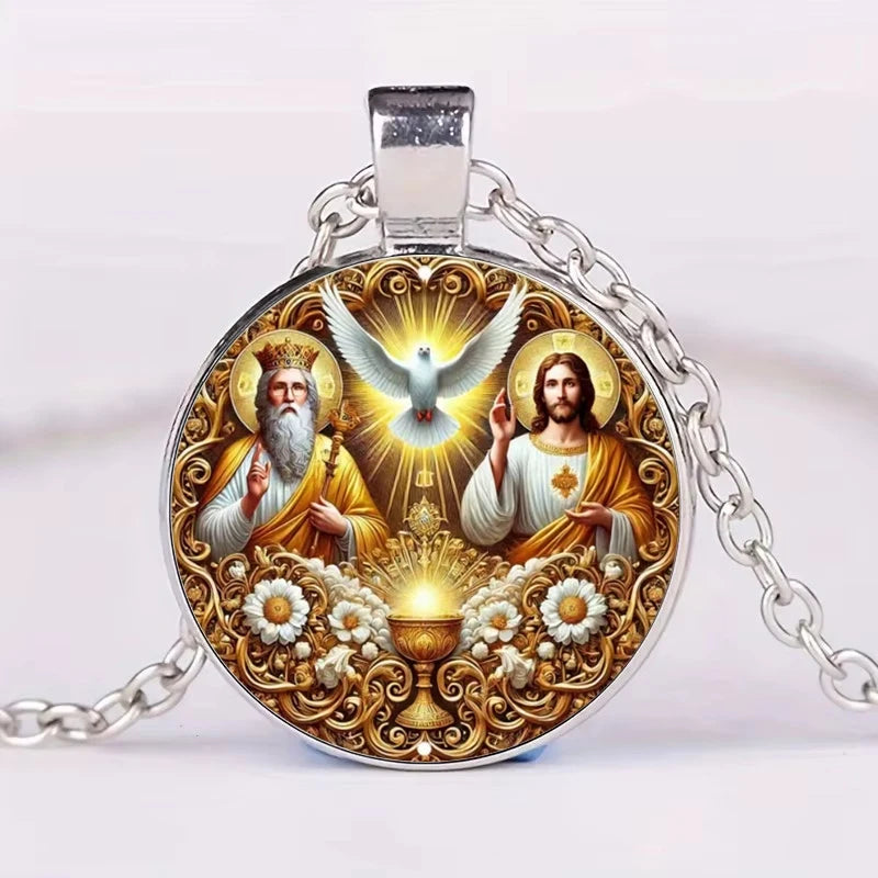 The Holy Family Glass Pendant Necklace Catholic Saint Joseph Virgin Mary Jesus Necklace Jewelry Christmas Gifts
