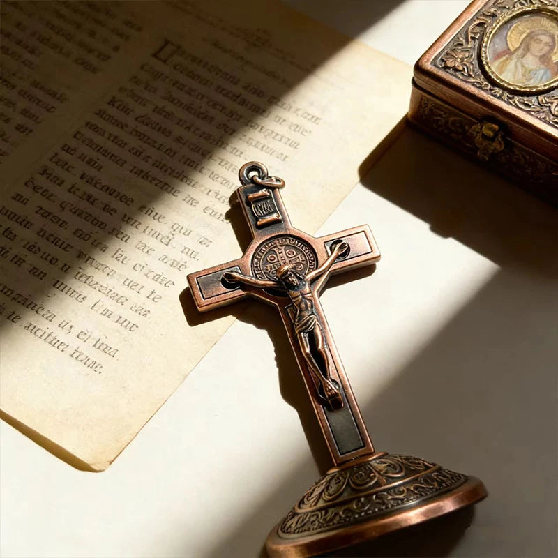 New Traditional Catholic Standing Cross St. Benedict Medal Inlay with Crucifix Premium Devotional Altar Decor for Church & Home