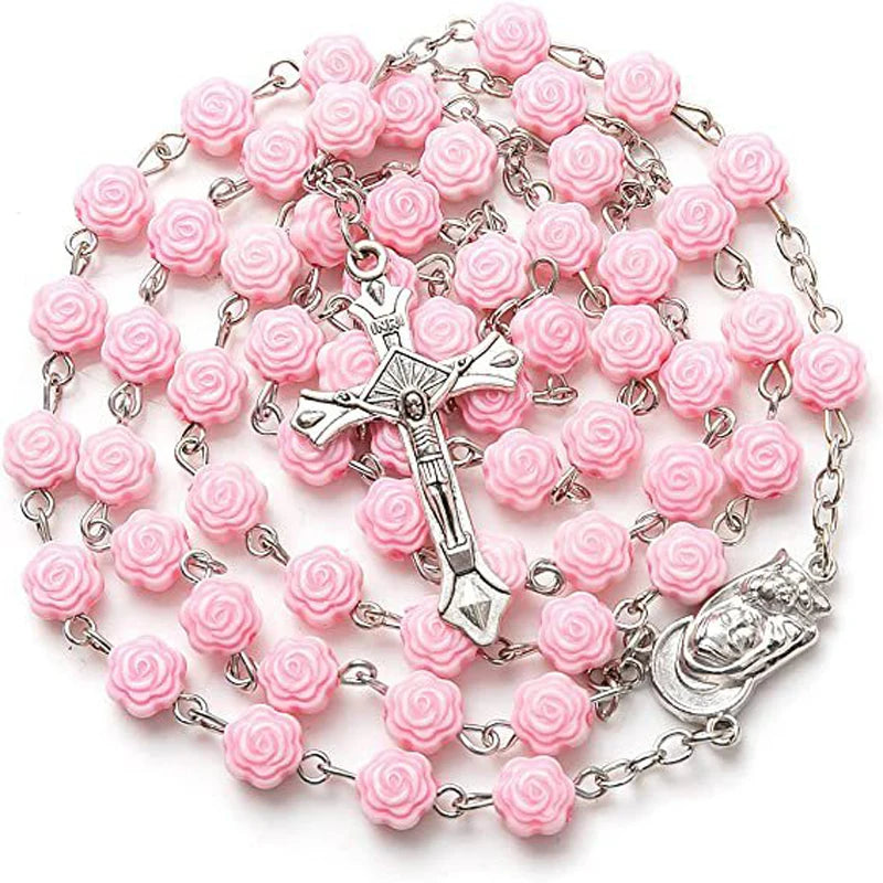 First Communion Rosary Set for Girls with Pink Rose Shaped Bead Pendant Necklace for Girls Catholic Gifts