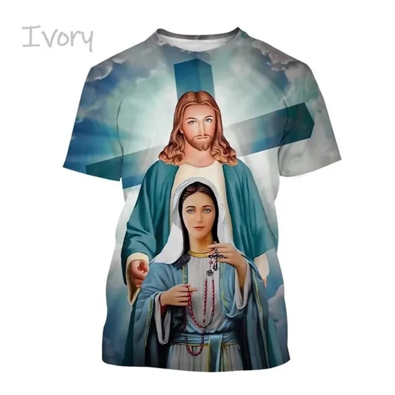 Christian Mother Of God Virgin Mary T-Shirt For Men Jesus Loves Casual Crew Neck Tee Tops Short Sleeve Oversized Men Tshirt