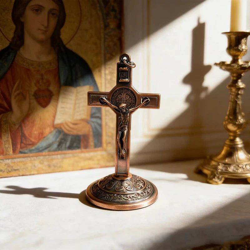 New Traditional Catholic Standing Cross St. Benedict Medal Inlay with Crucifix Premium Devotional Altar Decor for Church & Home