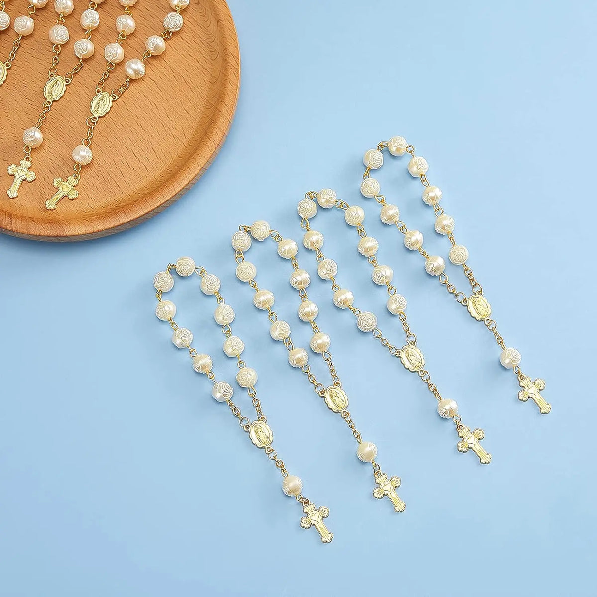 10-60 Pieces Mini Rosaries Baptism Rosary Beads Acrylic Ivory Color Finger Baptism Rosaries Faux Pearls with Organza Bags