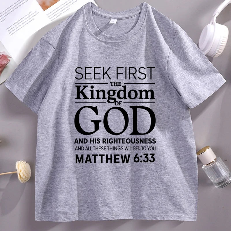Christian Men T Shirt Bible Verse T-Shirt Christian Merch Cross Jesus Seek First The Kingdom Tshirt Casual Round Neck Clothes