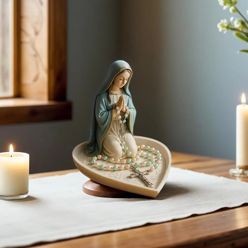 Virgin Mary Rosary Holder Statue Resin Elegant Our Lady Prayer Rosary Box Our Lady of Grace Statue Desktop Ornaments Home Decor