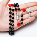 6MM Pink Rosary Necklace For Women Rose Glass Beads Chain Crucifix Cross INRI Pendant Men Religious Prayer Long Jewelry
