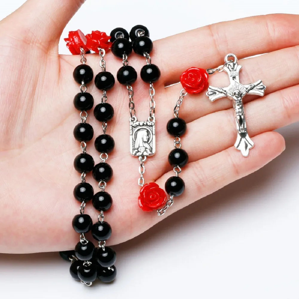 6MM Pink Rosary Necklace For Women Rose Glass Beads Chain Crucifix Cross INRI Pendant Men Religious Prayer Long Jewelry