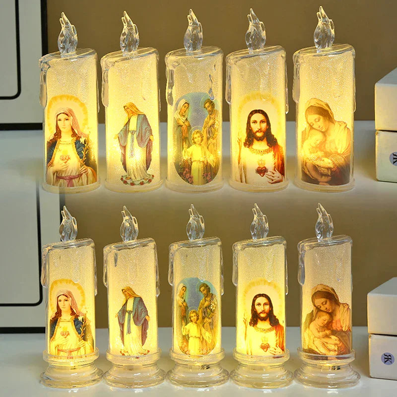 Jesus Virgin Christ Candle Lamp Romantic Flameless LED Prayer Candle Tea Light Religious Decorative Night Light Desktop Ornament