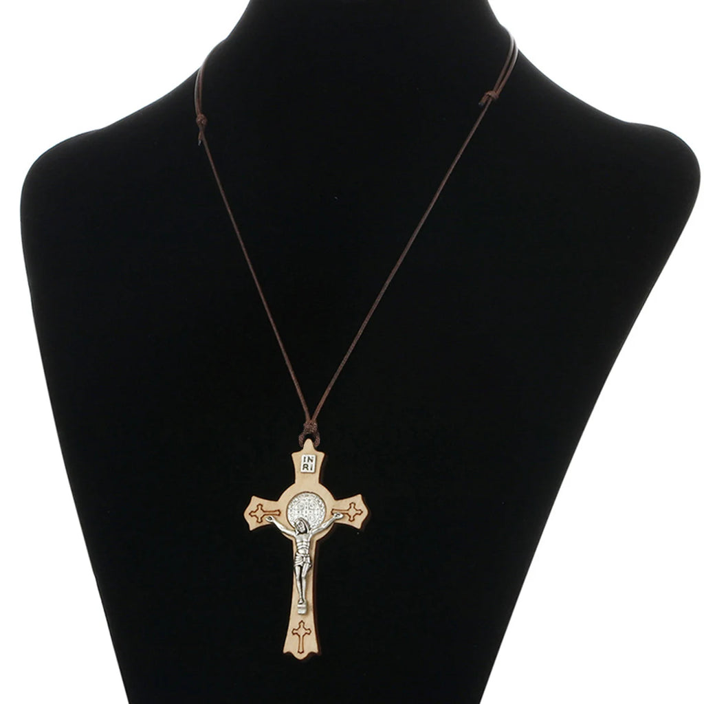 Natural Wood Saint Benedict Crucifix Cross Pendant Necklace Adjustable Leather Rope Chains CSPB INRI Jewelry