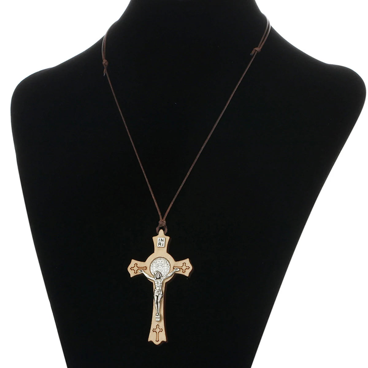 Natural Wood Saint Benedict Crucifix Cross Pendant Necklace Adjustable Leather Rope Chains CSPB INRI Jewelry