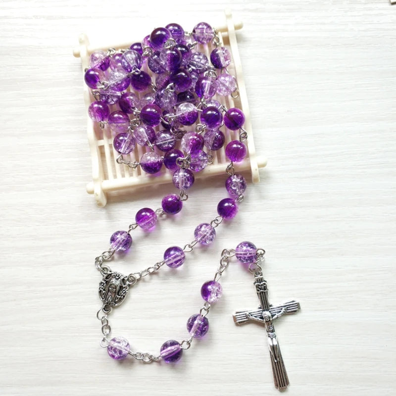 Rosary Glass Beads Catholic Necklace with Jesus Crucifix for Cross, First Communion Gifts, Confirmation Gifts for Te