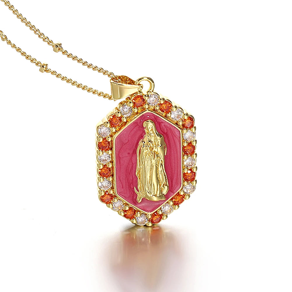 Religious Virgin Mary Medal Necklace for Women Men Rainbow Enamel Rhinestone Pendant Necklaces Catholic Christian Collar Jewelry