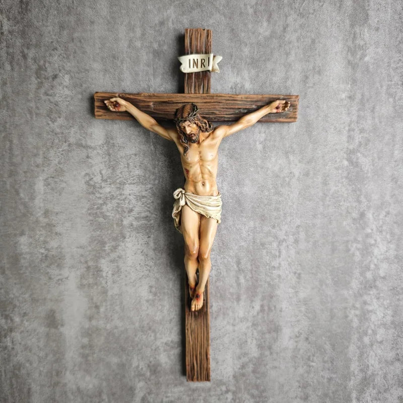 Religious Jesus Cross Crucifix Statue Saint Catholic Figurine Crafts Wall Hanging Ornament for Christian Home Decor