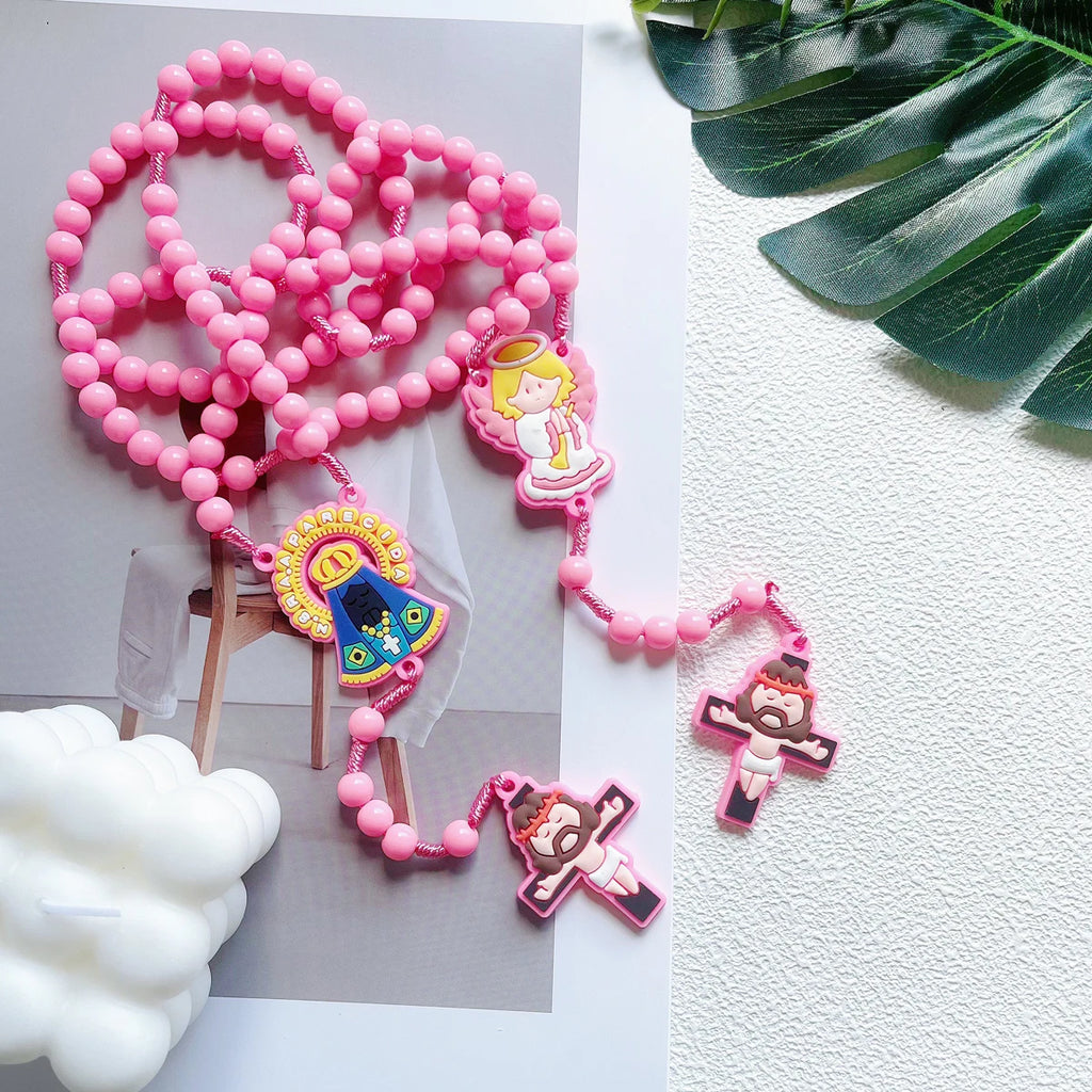 1 Piece Set Children's Catholic Rosary with Virgin Mary Angel Cross Pendant Boys Girls Communion Party Gift