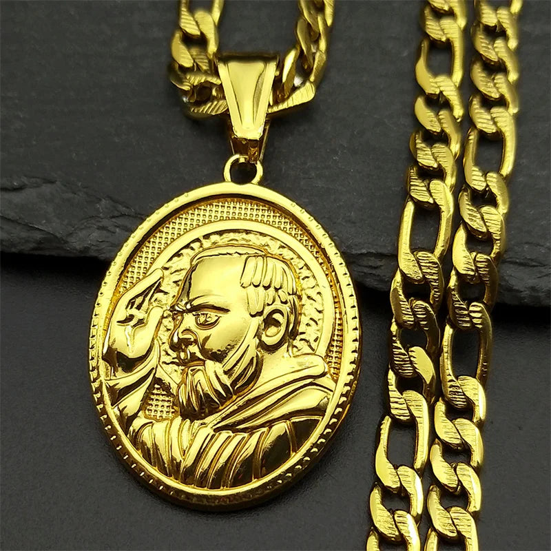 Jesus Crown of thorns Men's Necklace Stainless Steel Gold Color Chain Crucifix Medal Male Neckalces Religious Jewelry NZZ460S05