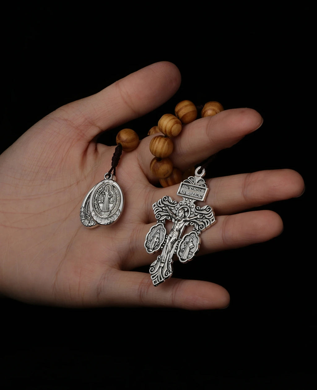 Catholic St Benedict Medal Pocket Rosary Lady Milagrosa Crucifix Cross Wooden Beads One Decade Prayer Rosaries Handmade Gift