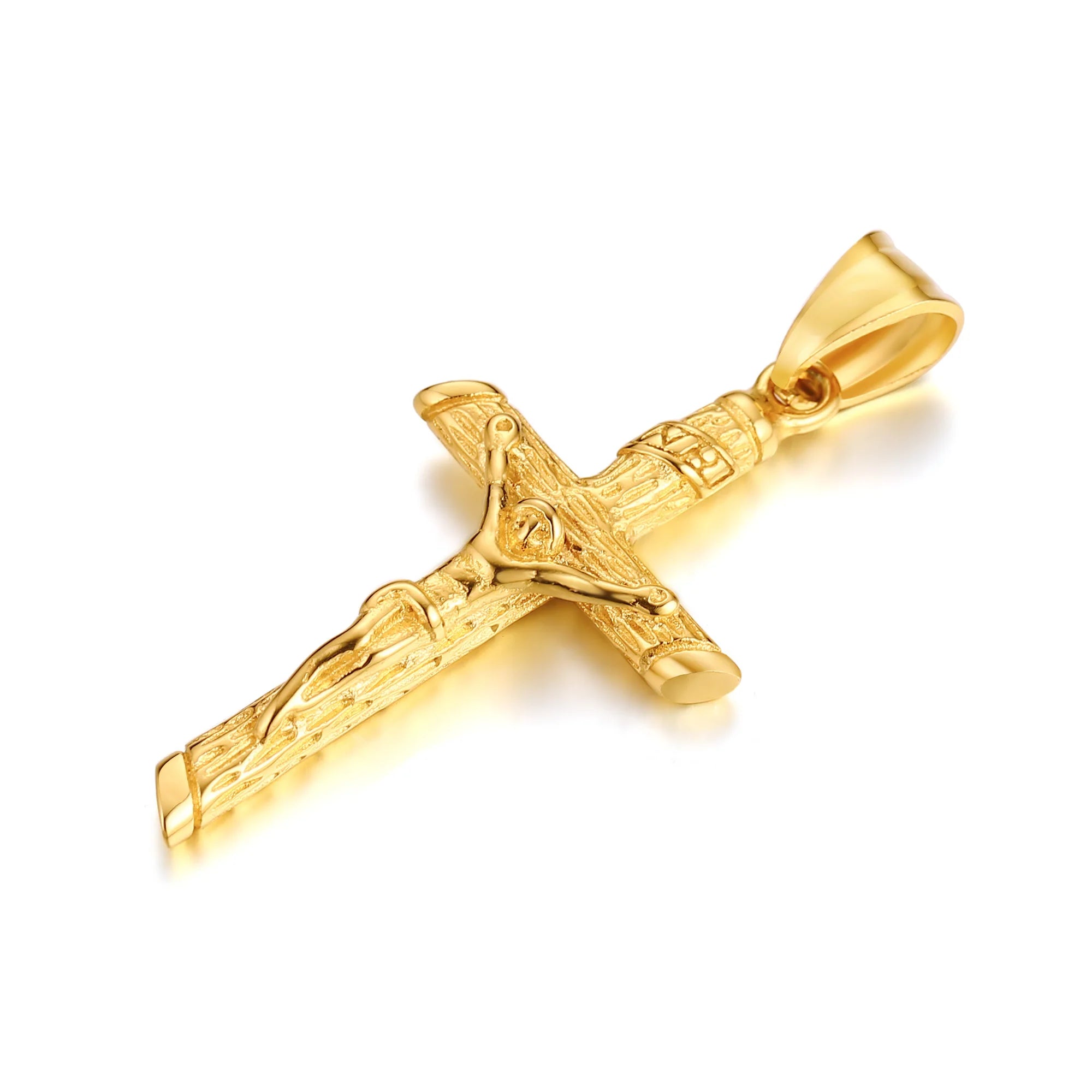 Stainless Steel Cross Necklace Catholicism Jesus Pendant Gold Color Collar Church Prayer Faith Jewelry for Men Women Gift
