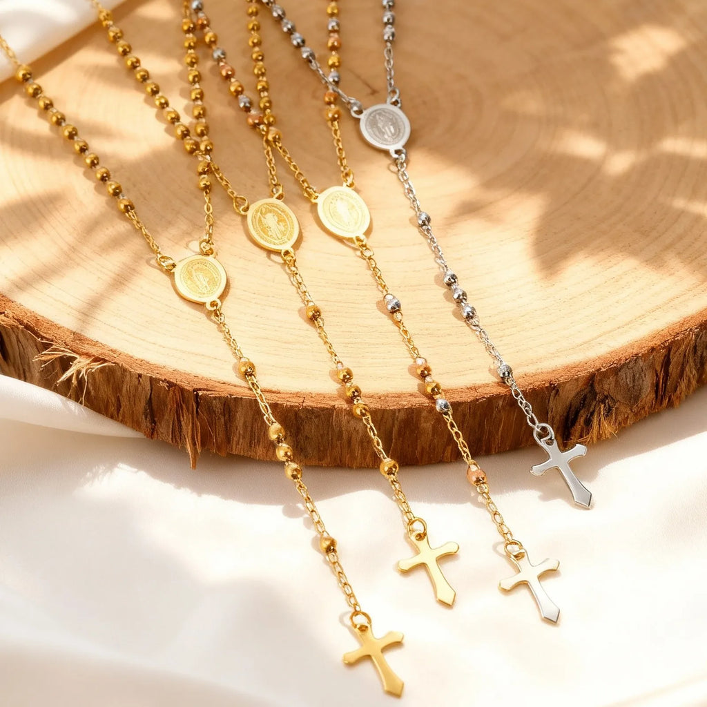 Rosary Virgin Cross Drop Y-shaped Necklace for Women,Stainless Steel Link Bead Chain Prayer Necklaces,Mary Jewelry Gift