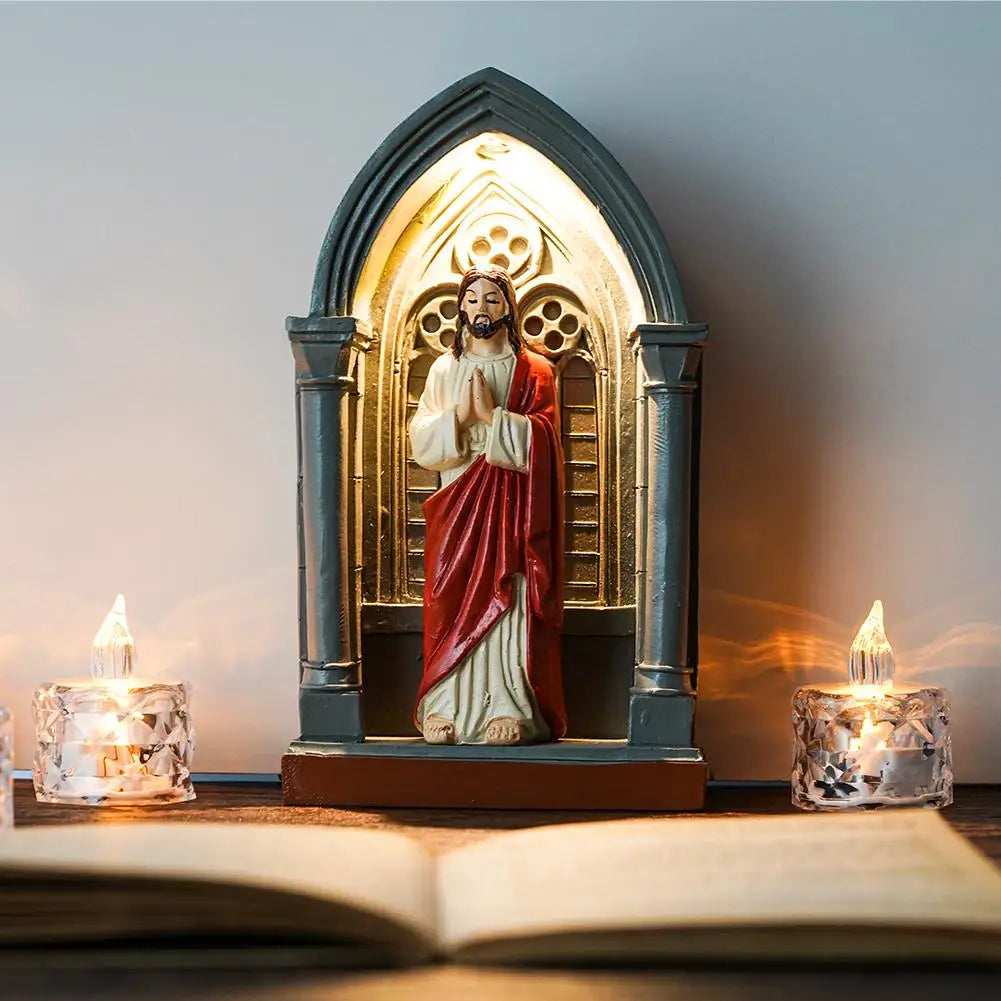 Jesus Statue Virgin Mary Resin Ornament 6" Figurine with Light Ideal Religious Gift for Baptisms Communions Wedding