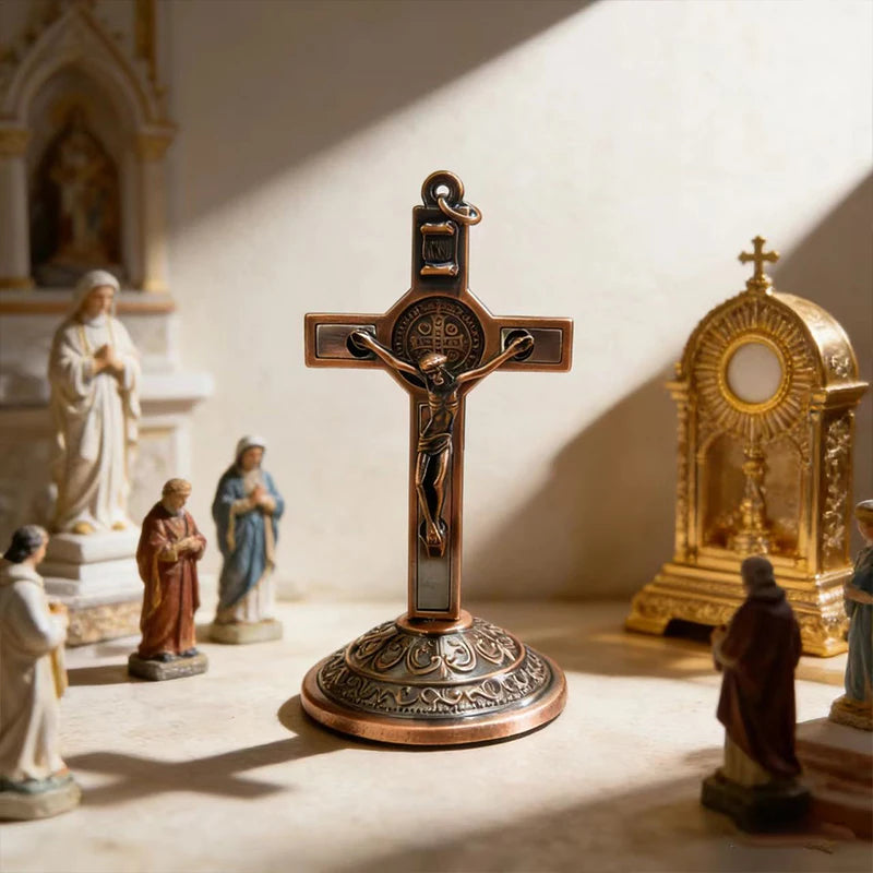 New Traditional Catholic Standing Cross St. Benedict Medal Inlay with Crucifix Premium Devotional Altar Decor for Church & Home