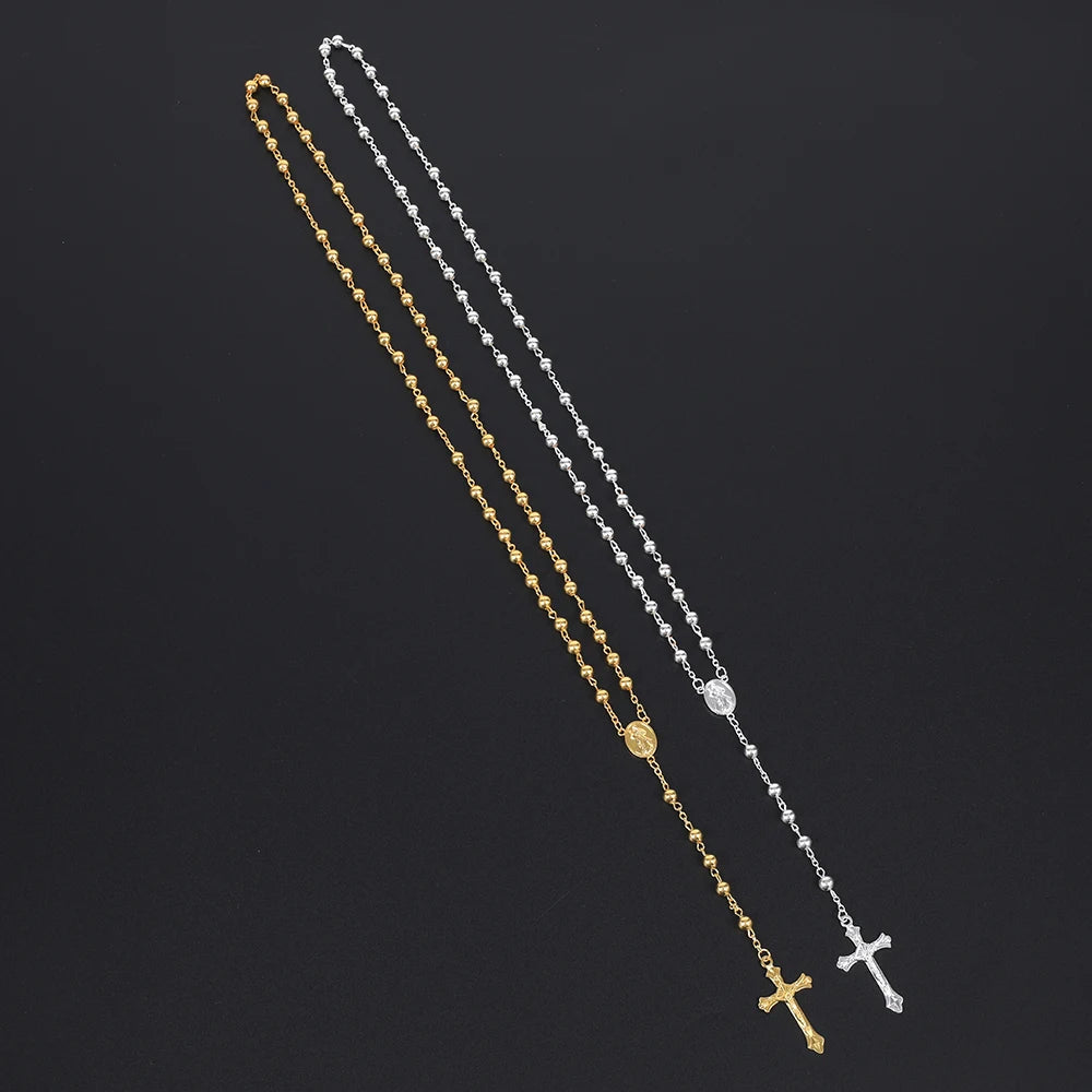 Gold Color Rosary Necklace For Women Men Long 6MM Beads Chain Crucifix Cross Pendant Religious Prayer Party Jewelry Gift