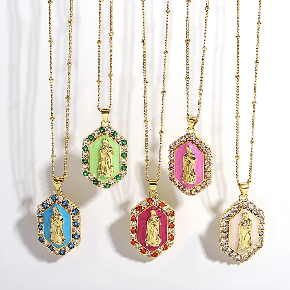 Religious Virgin Mary Medal Necklace for Women Men Rainbow Enamel Rhinestone Pendant Necklaces Catholic Christian Collar Jewelry
