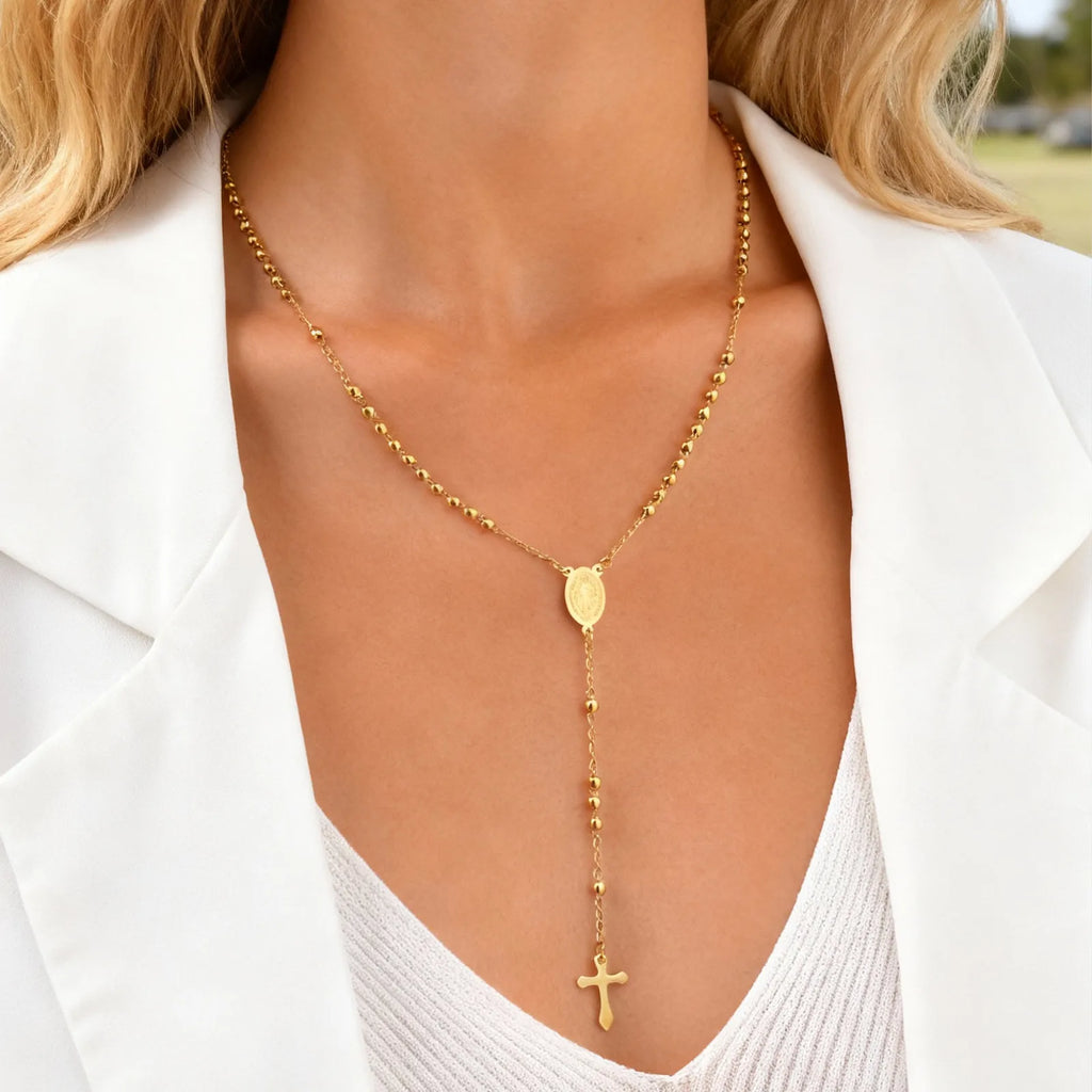 Rosary Virgin Cross Drop Y-shaped Necklace for Women,Stainless Steel Link Bead Chain Prayer Necklaces,Mary Jewelry Gift