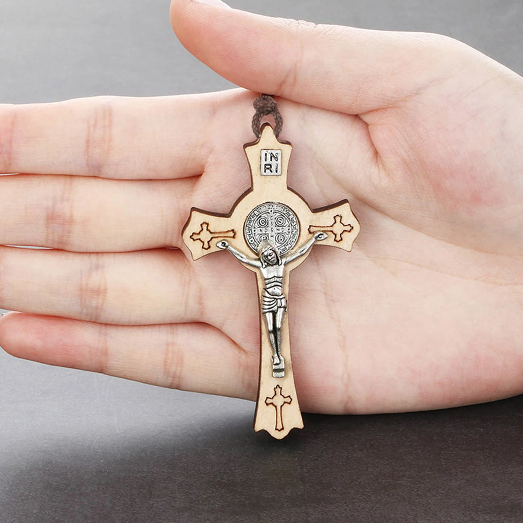 Natural Wood Saint Benedict Crucifix Cross Pendant Necklace Adjustable Leather Rope Chains CSPB INRI Jewelry