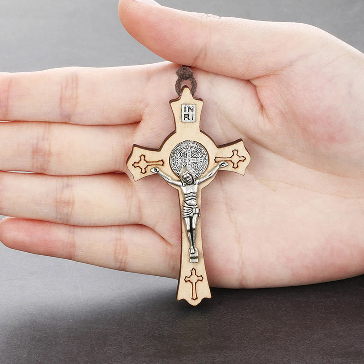 Natural Wood Saint Benedict Crucifix Cross Pendant Necklace Adjustable Leather Rope Chains CSPB INRI Jewelry