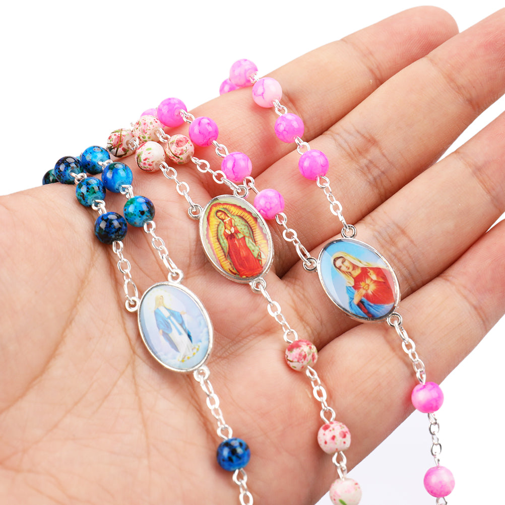 Catholic Rosary Small Size Round Blue Glass Beads Virgin Mary Jesus Necklace
