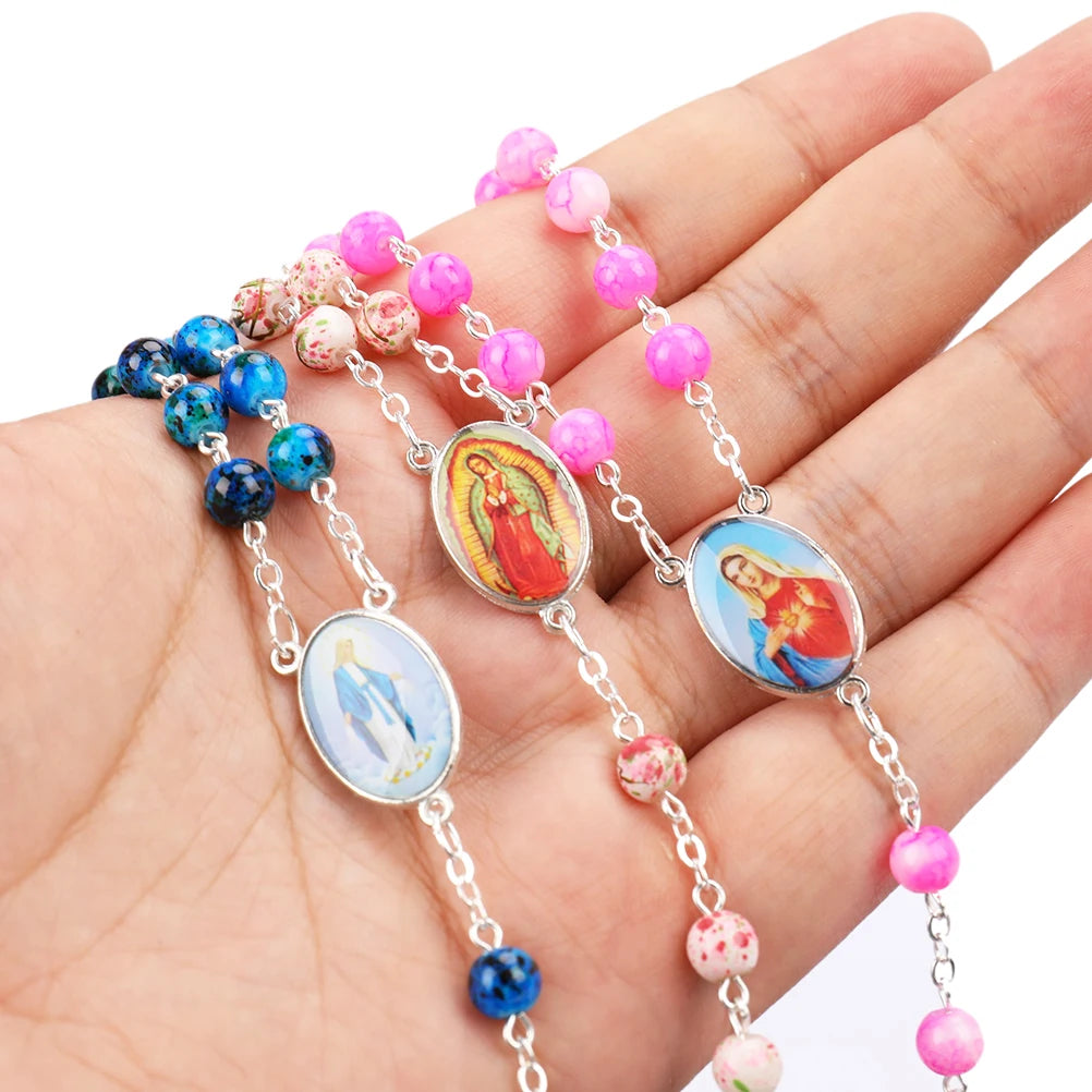 Catholic Rosary Small Size Round Blue Glass Beads Virgin Mary Jesus Necklace