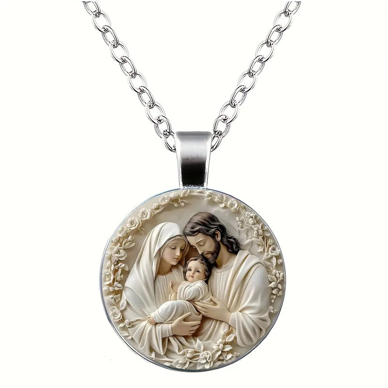 The Holy Family Glass Pendant Necklace Catholic Saint Joseph Virgin Mary Jesus Necklace Jewelry Christmas Gifts
