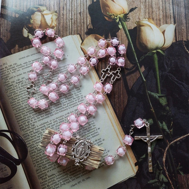 Pink Square Religion for Cross Rosary Necklace Hanging Pendant for Women Men Praying Meditation Gift Supplies