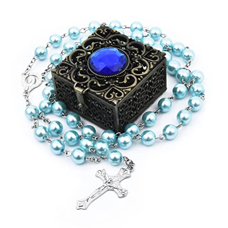 Rosary Beads Catholic Necklace Mary for Men Women Kids First Communion Long Rosary Cross Pendant Necklaces Metal Gift Box New
