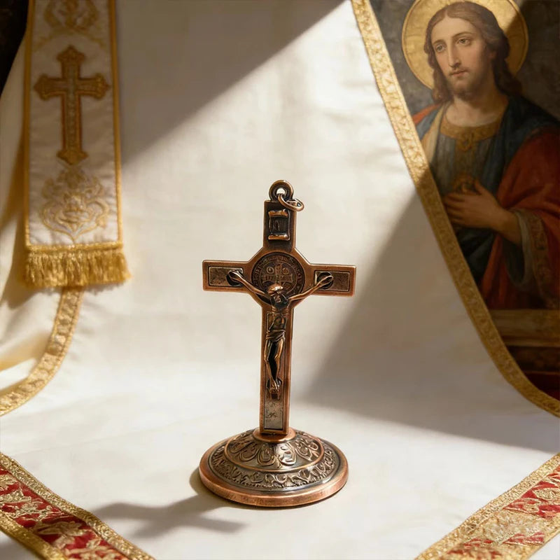 New Traditional Catholic Standing Cross St. Benedict Medal Inlay with Crucifix Premium Devotional Altar Decor for Church & Home