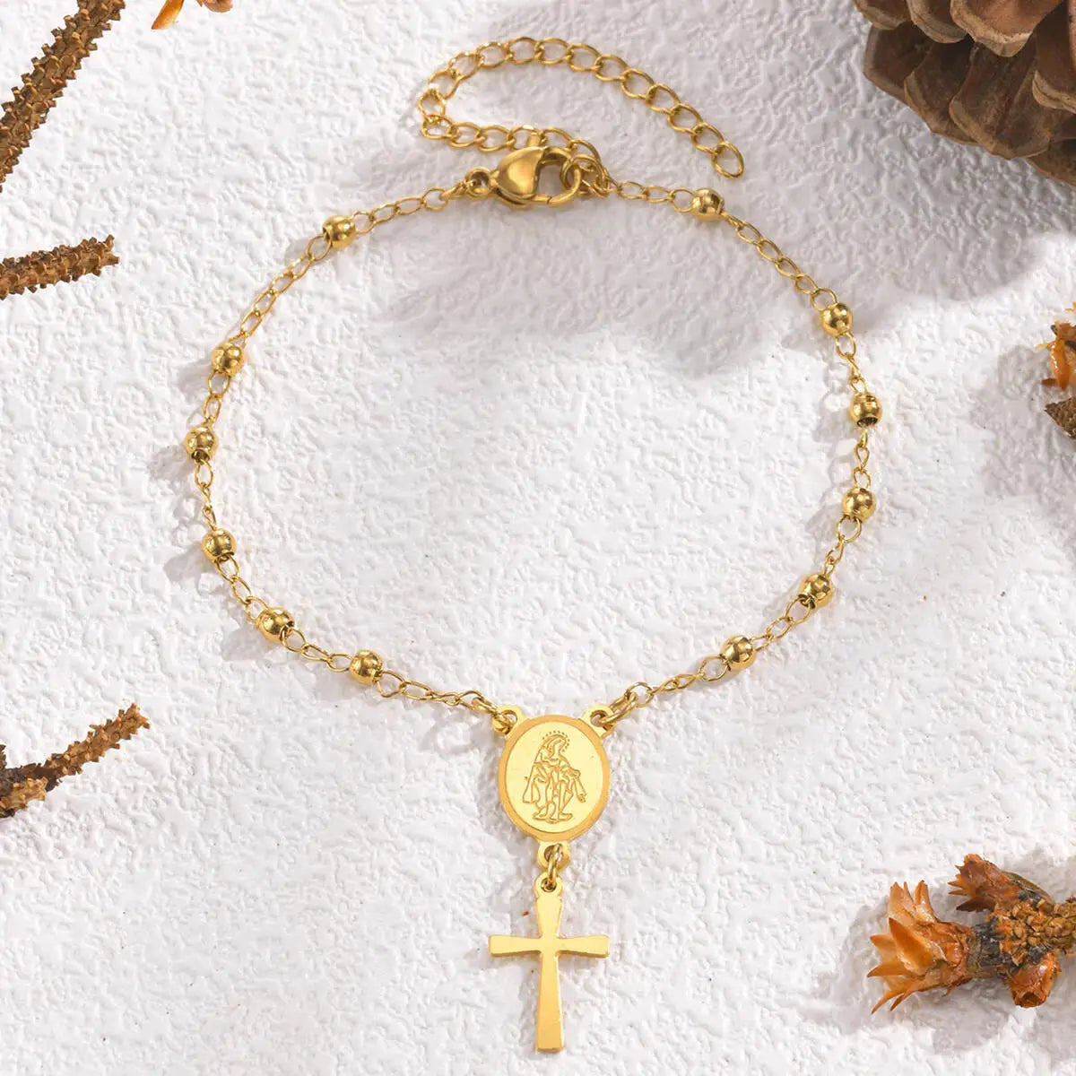 Cross Rosary Adjustable Bracelet for Women, Gold Plated Virgin Mary Christian Catholicism Jewelry