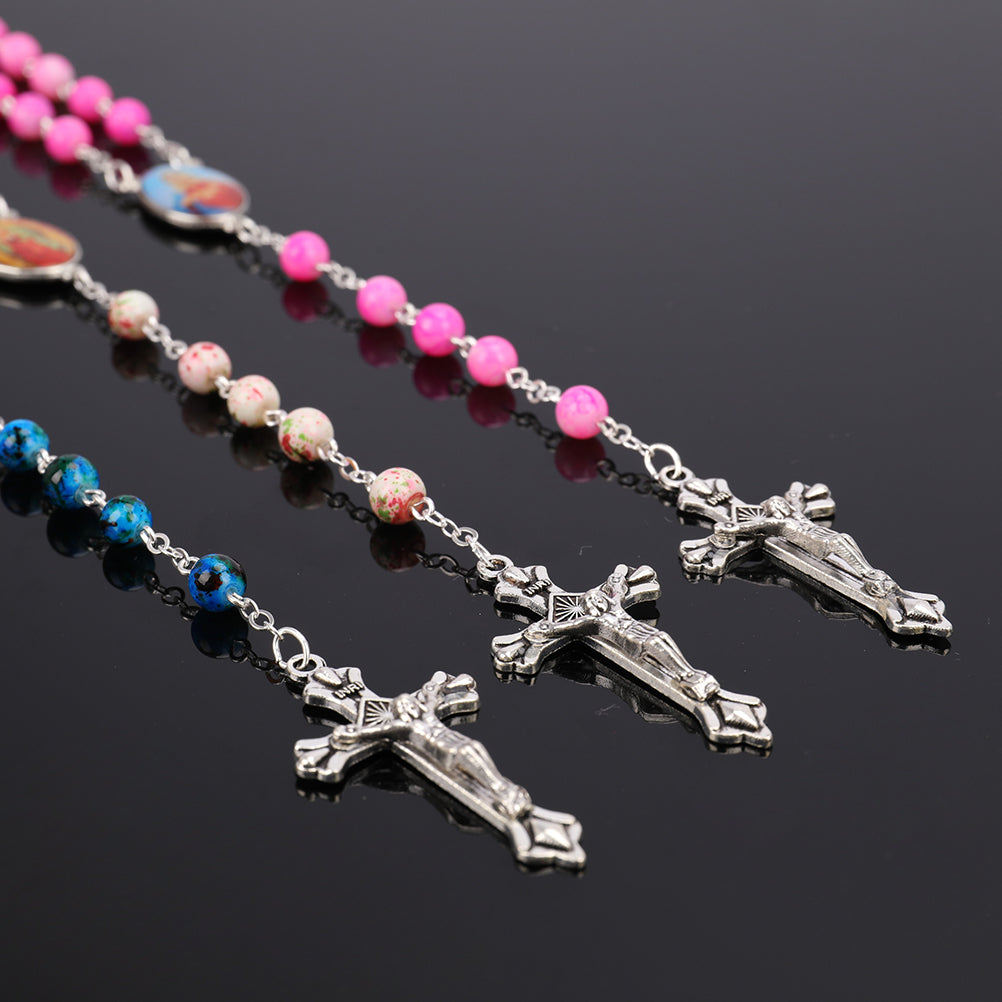 Catholic Rosary Small Size Round Blue Glass Beads Virgin Mary Jesus Necklace