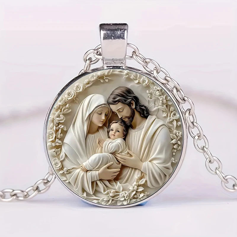 The Holy Family Glass Pendant Necklace Catholic Saint Joseph Virgin Mary Jesus Necklace Jewelry Christmas Gifts