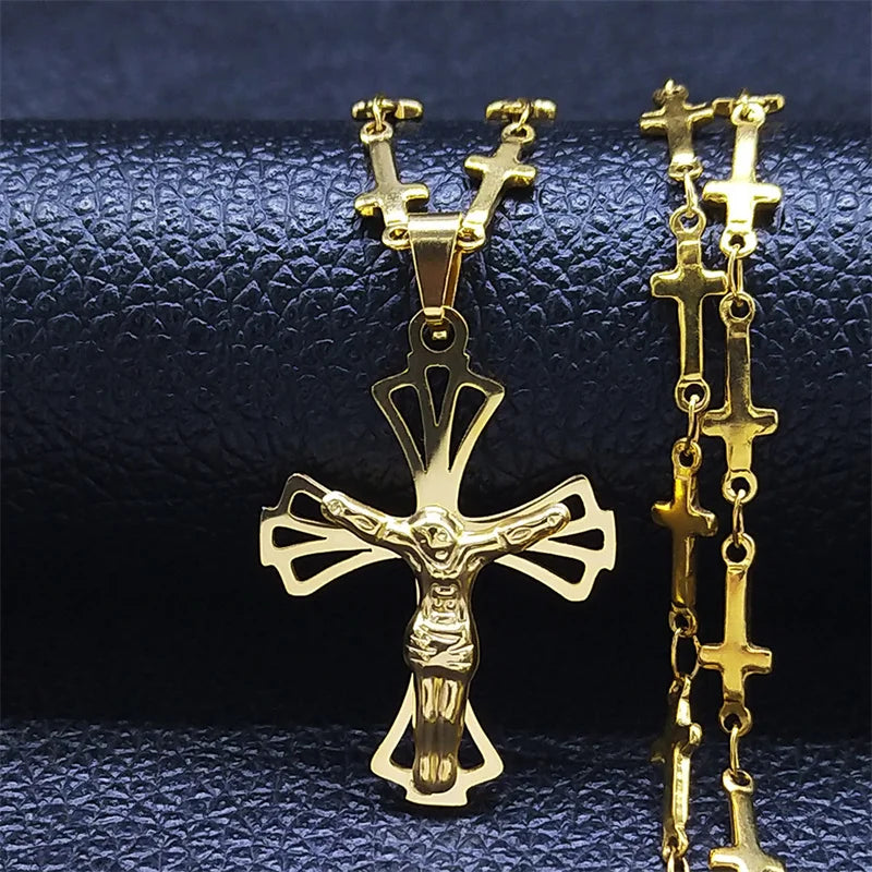 Christian Cross Jesus Stainless Steel Necklace for Women/Men Gold Color Crucifi