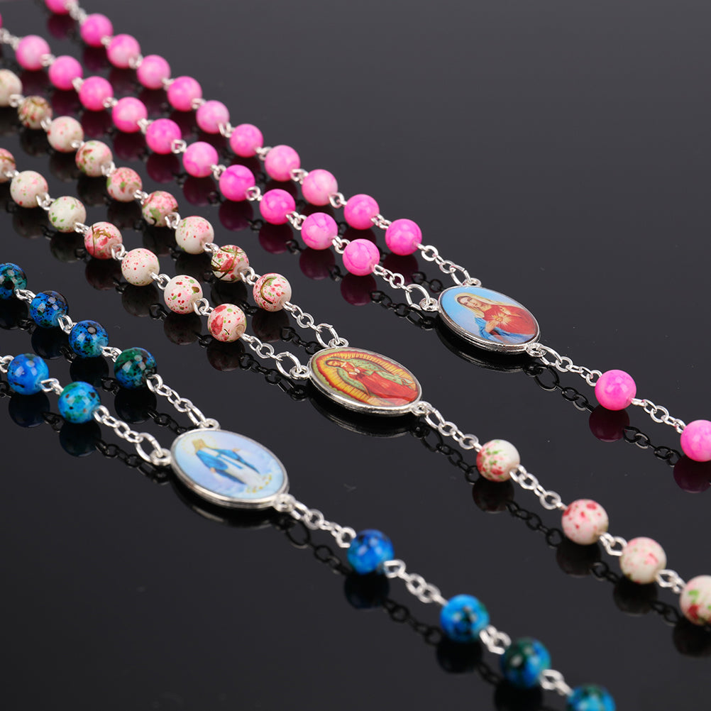 Catholic Rosary Small Size Round Blue Glass Beads Virgin Mary Jesus Necklace